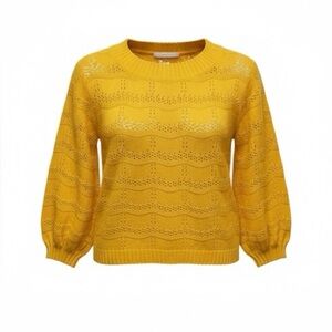 Mustard Seed Yellow Scalloped Knit Puff Sleeve Oversized Sweater Size Medium